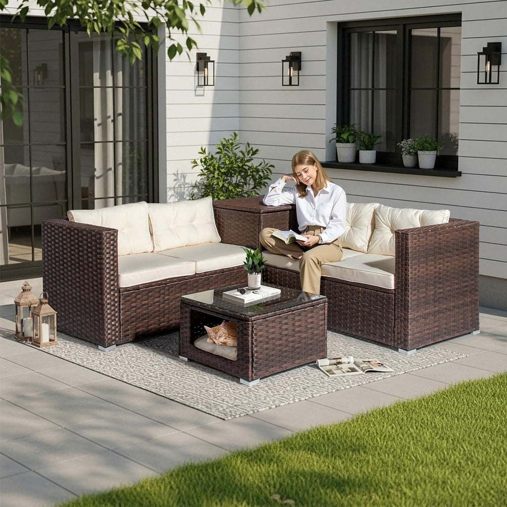 VINGLI 4 Pieces Outdoor Sectional Wicker Patio Furniture with Storage, Patio Sectional Sofa Outdoor Couch Conversation Set, Glass Top Coffee Table for Backyard, Pool, Garden(Brown)
