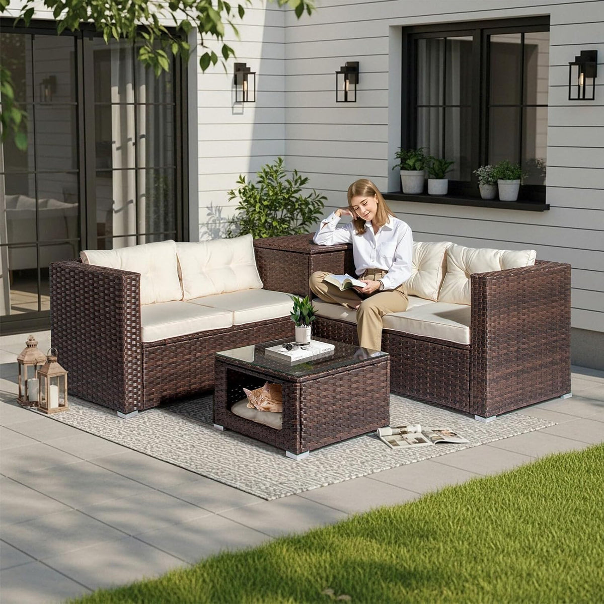 VINGLI 4 Pieces Outdoor Sectional Wicker Patio Furniture with Storage, Patio Sectional Sofa Outdoor Couch Conversation Set, Glass Top Coffee Table for Backyard, Pool, Garden(Brown)