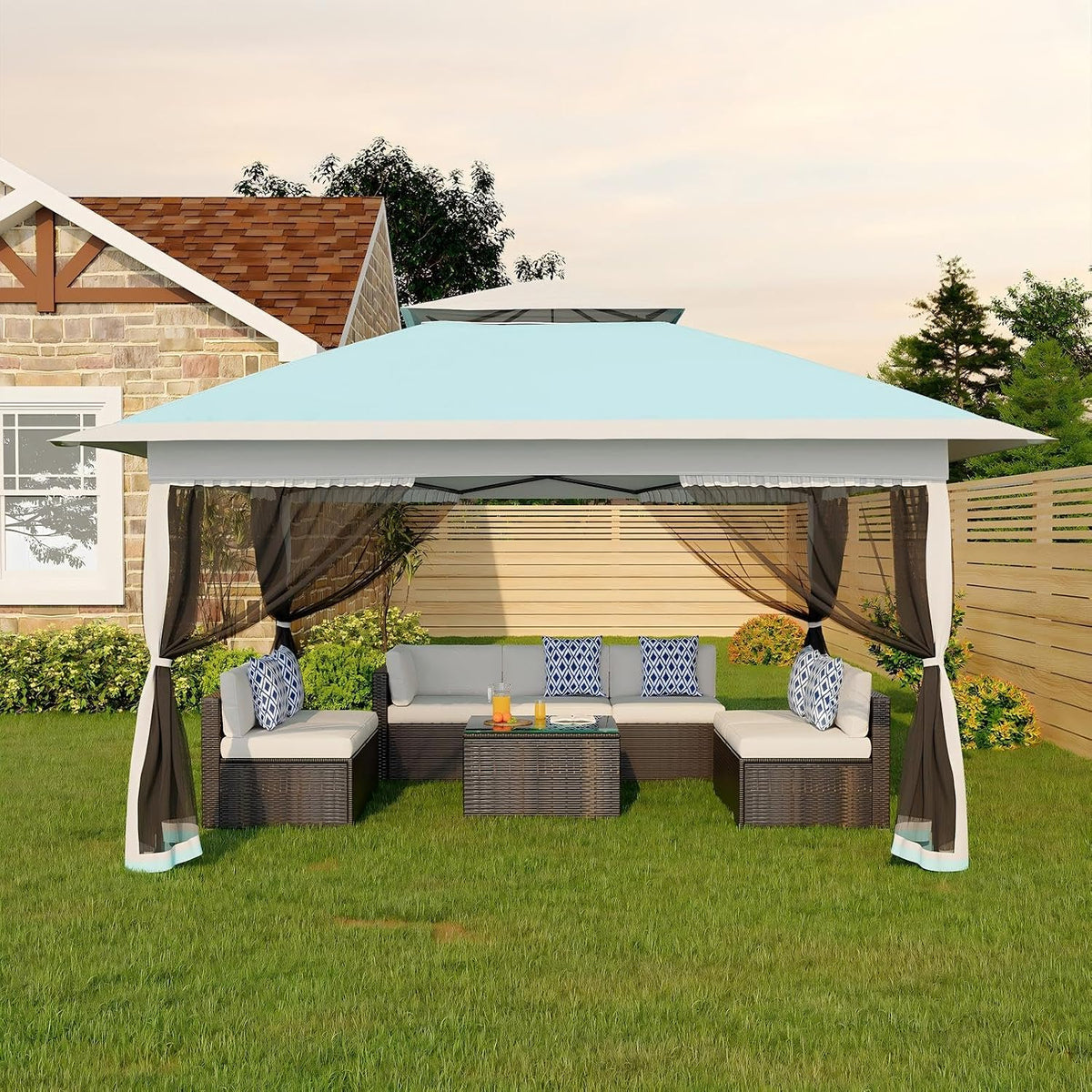 Canopy Tent 13x13 ft, Pop Up Gazebo One-Push Setup with 4 SandBags for Backyard Parties and BBQs, Mosquito Netting & Height Adjustable - Lake Blue