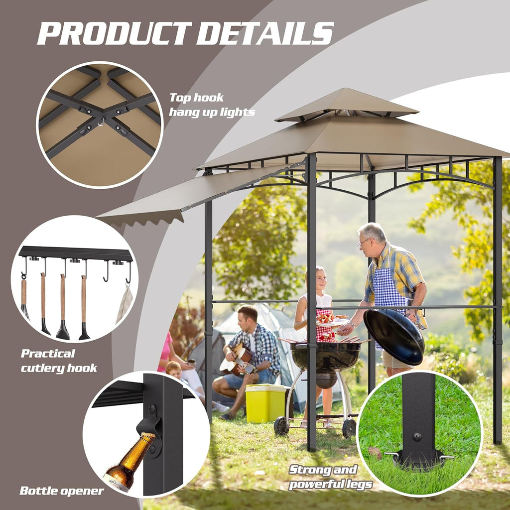8'X8' Grill Gazebo Canopy - Heavy Duty Steel Frame, Double Tiered Grill Canopy for Outdoor Grill W/Shelves, Ceiling Hooks, Ground Stakes, Patio Canopys Tent BBQ Gazebo Backyard (Kahki)