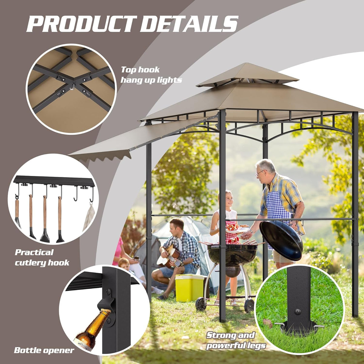 8'X8' Grill Gazebo Canopy - Heavy Duty Steel Frame, Double Tiered Grill Canopy for Outdoor Grill W/Shelves, Ceiling Hooks, Ground Stakes, Patio Canopys Tent BBQ Gazebo Backyard (Kahki)