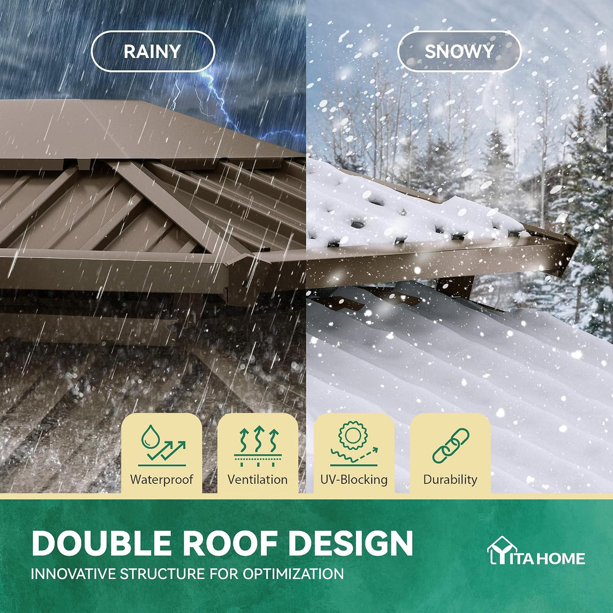YITAHOME 9x11FT Hardtop Gazebo Double Roof Canopy w/Netting and Curtains, Outdoor Gazebo Permanent Galvanized Iron Steel Gazebo for Patio, Backyard, Deck and Lawns, Bronze