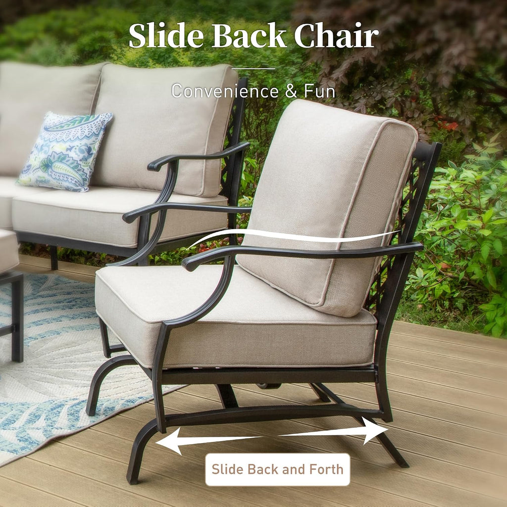 SUNSHINE VALLEY Patio Furniture Set with Firepit Table, 5 Piece Metal Outdoor Patio Furniture Set for 4, 4 Rocking Chairs with 5.75' Extra Thick Cushion and Gas Firepit Table for Backyard Deck Garden