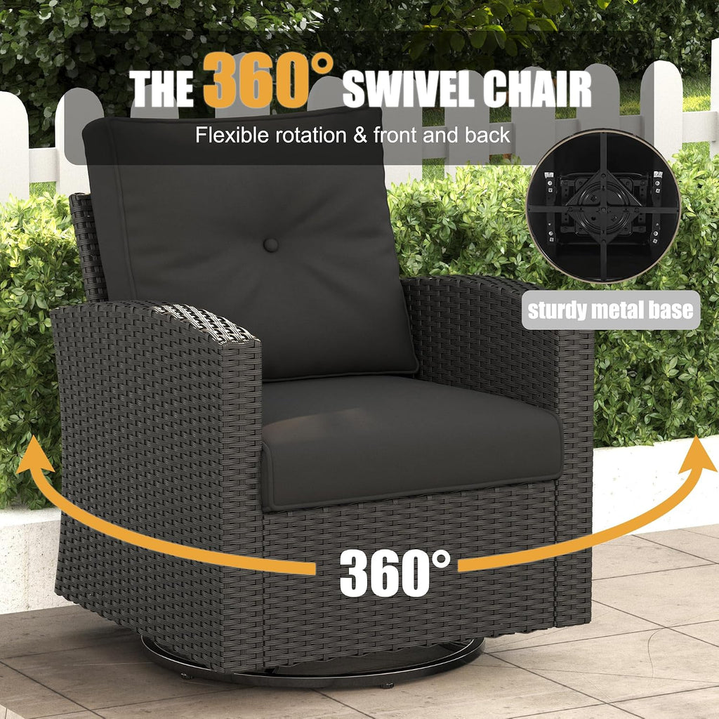 LayinSun 9 Pieces Patio Furniture Set with Fire Pit Table, Black Rattan Modular Sectional Outdoor Conversation Sofa Set, Swivel Rocking Chairs Set