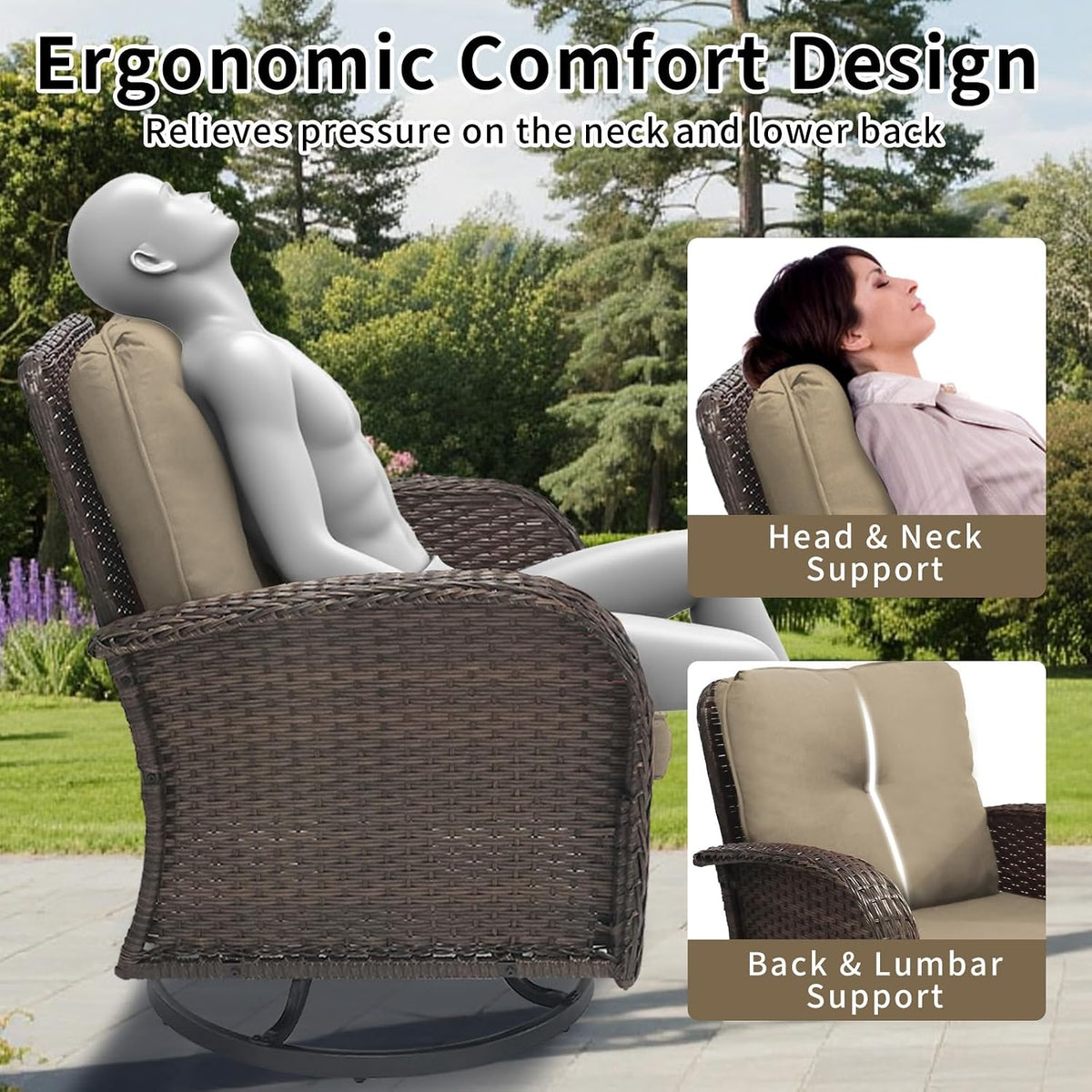 Outdoor Swivel Rocker Patio Chairs 3 Pieces，Swivel Patio Chairs with Cushions，Outdoor Swivel Rocking Chairs Set of 2 with Rattan Side Table，Patio Furniture Set for Outside Porch Deck