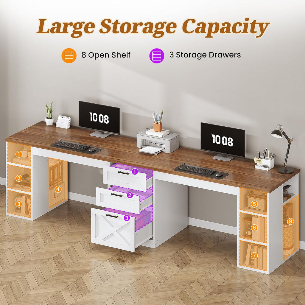 SEDETA Farmhouse 96.5' Computer Desk with Drawers, 2 Person Home Office Desk, Gaming Double Desk with Storage Shelves, Long Two Person Writing Desk (White and Brown)