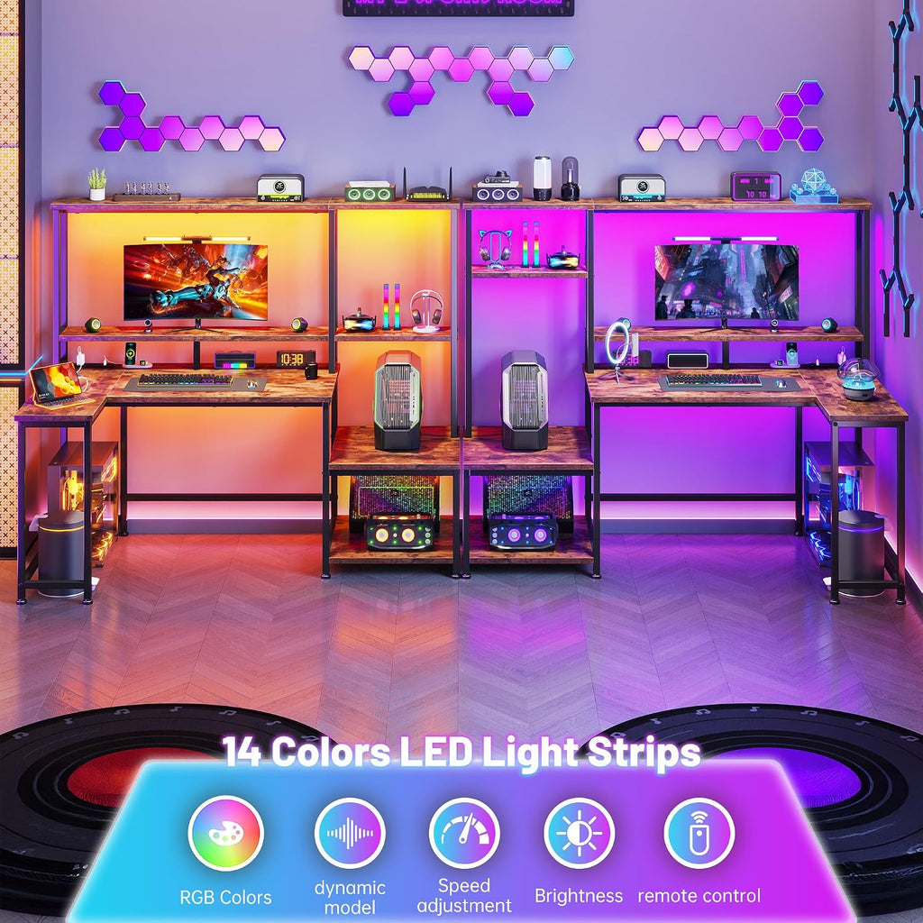 DurayLoly Computer Desk with LED Lights & Outlets,55' L Shaped Gaming Desk with Shelves & Storage Hutch,Reversible Corner Gaming Table with Printer Space & Monitor Stand for Home Office,Rustic Brown