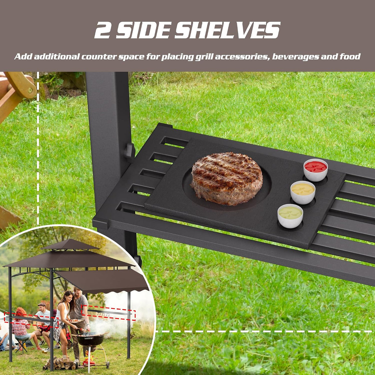 8'X8' Grill Gazebo Canopy - Heavy Duty Steel Frame, Double Tiered Grill Canopy for Outdoor Grill W/Shelves, Ceiling Hooks, Ground Stakes, Patio Canopys Tent BBQ Gazebo Backyard (Brownness)