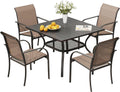 VICLLAX Outdoor Dining Set for 4, Patio Furniture Set of 4 Patio Stackable Dining Chairs and Outdoor Metal Square Table with Umbrella Hole for Backyard Lawn Garden, Brown Chairs and Black Table