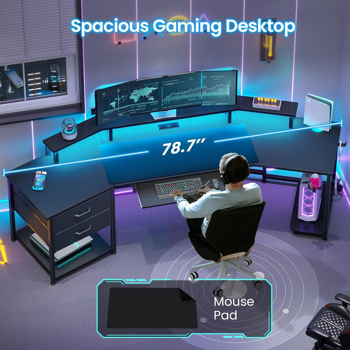 Itaar 79' Gaming Desk with 2 Fabric Drawers, Long Computer Desk with Power Strip & LED Lights, U Shaped Desks with Storage and Cup Holder, Large Gaming Table for Bedroom, Carbon Fiber Black
