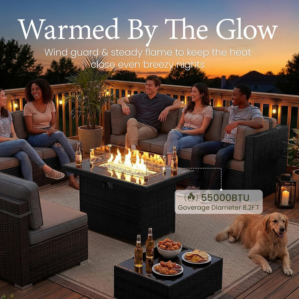 LayinSun 8 Piece Patio Furniture Set with 44' Propane Gas Fire Pit Table, Outdoor Sectional Conversation Set Wicker Rattan Sofa Set with Coffee Table