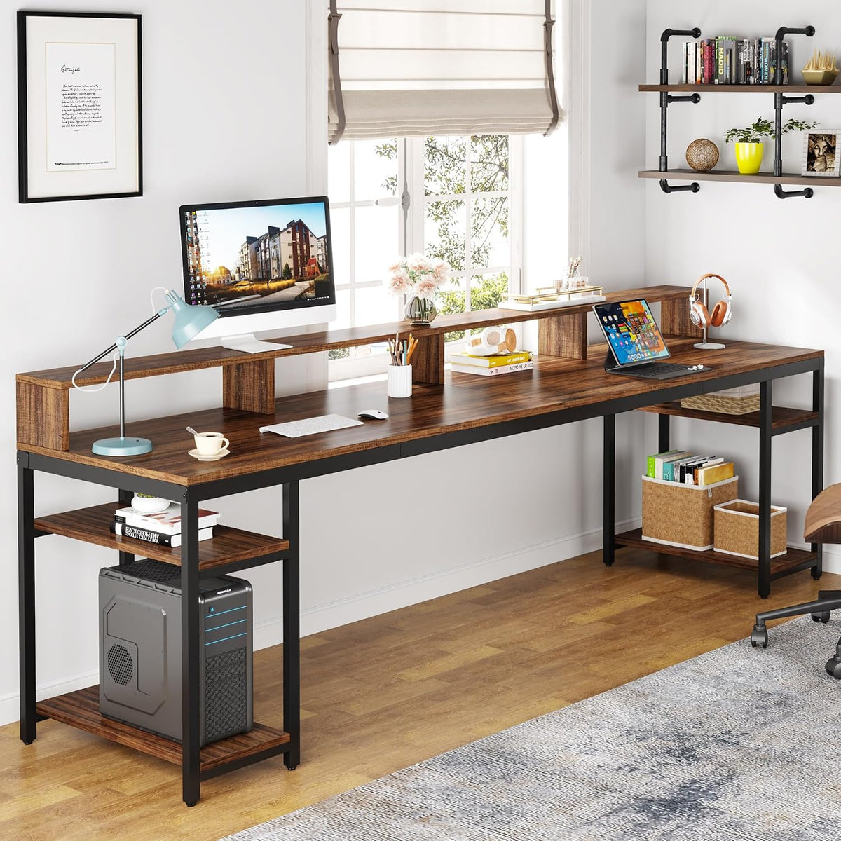 Tribesigns Two Person Desk with Monitor Stand, 78.74' Long Double Computer Office Desk with Storage Shelves, Large Gaming Study Writing Table Workstation for Home Office (Rustic Brown)