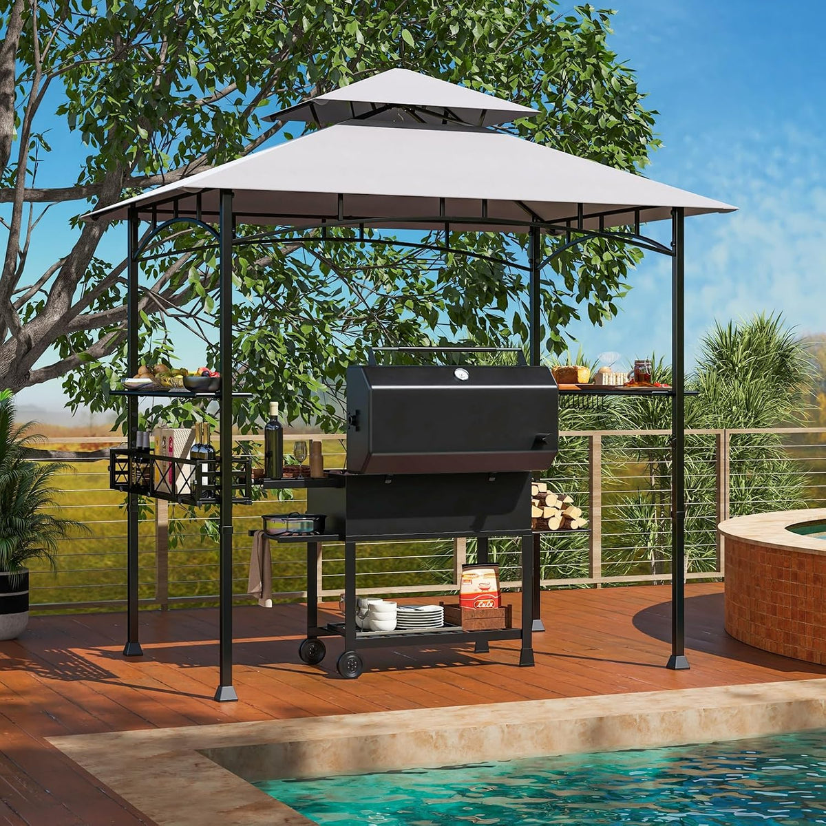 Tangkula 8x5 Ft Grill Gazebo, 2-Tier Barbecue Gazebo with 2 Shelves, 10 Hanging Hooks, Bottle Opener & Storage Basket, Outdoor Grill Canopy for Backyard Garden Poolside (Grey)