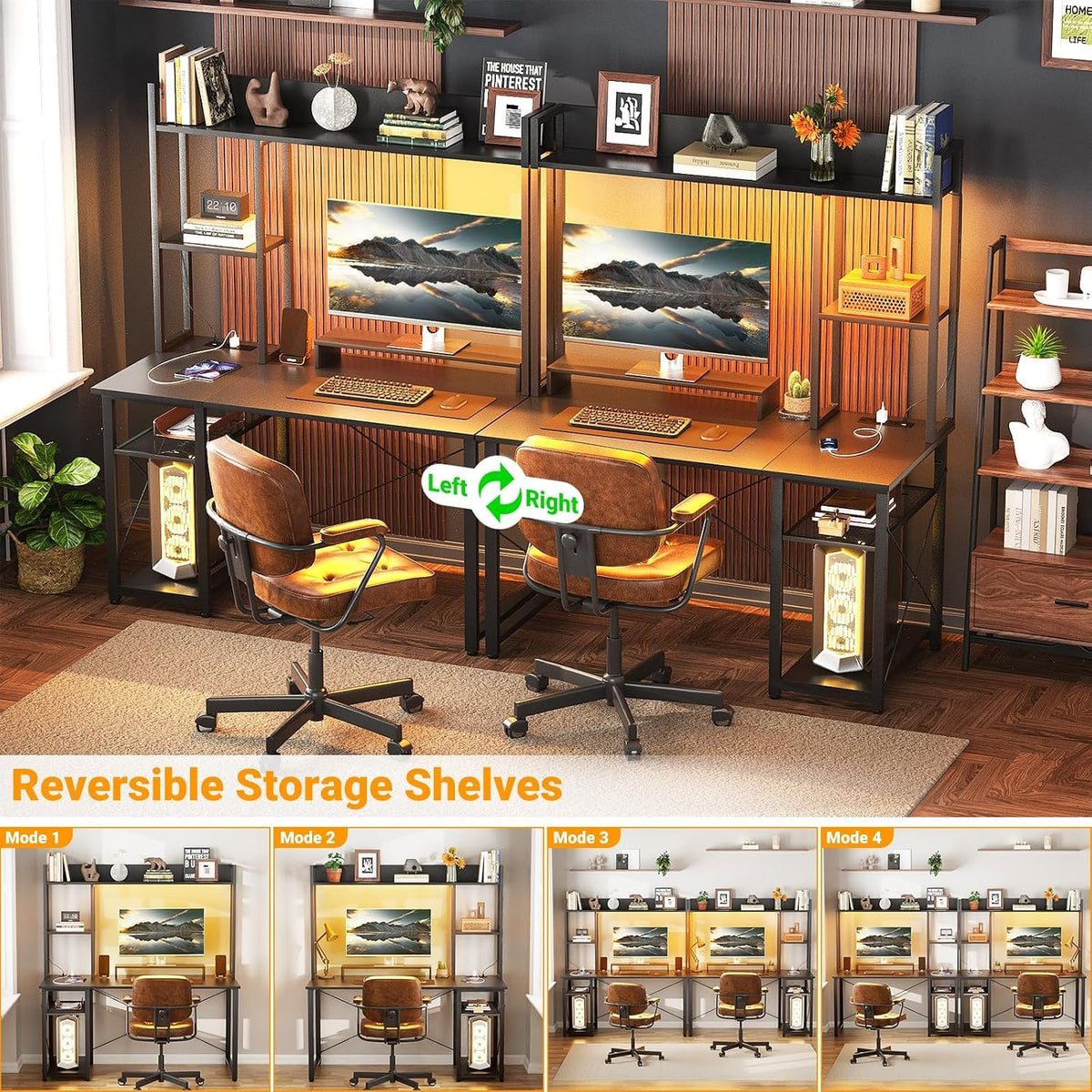 Cyclysio Gaming Desk with Hutch, 39'' Computer Desk with LED Lights & Power Outlets, Home Office Desk with Reversible 5 Tiers Storage Shelves & Monitor Stand, Small Gaming Table for Small Space, Black