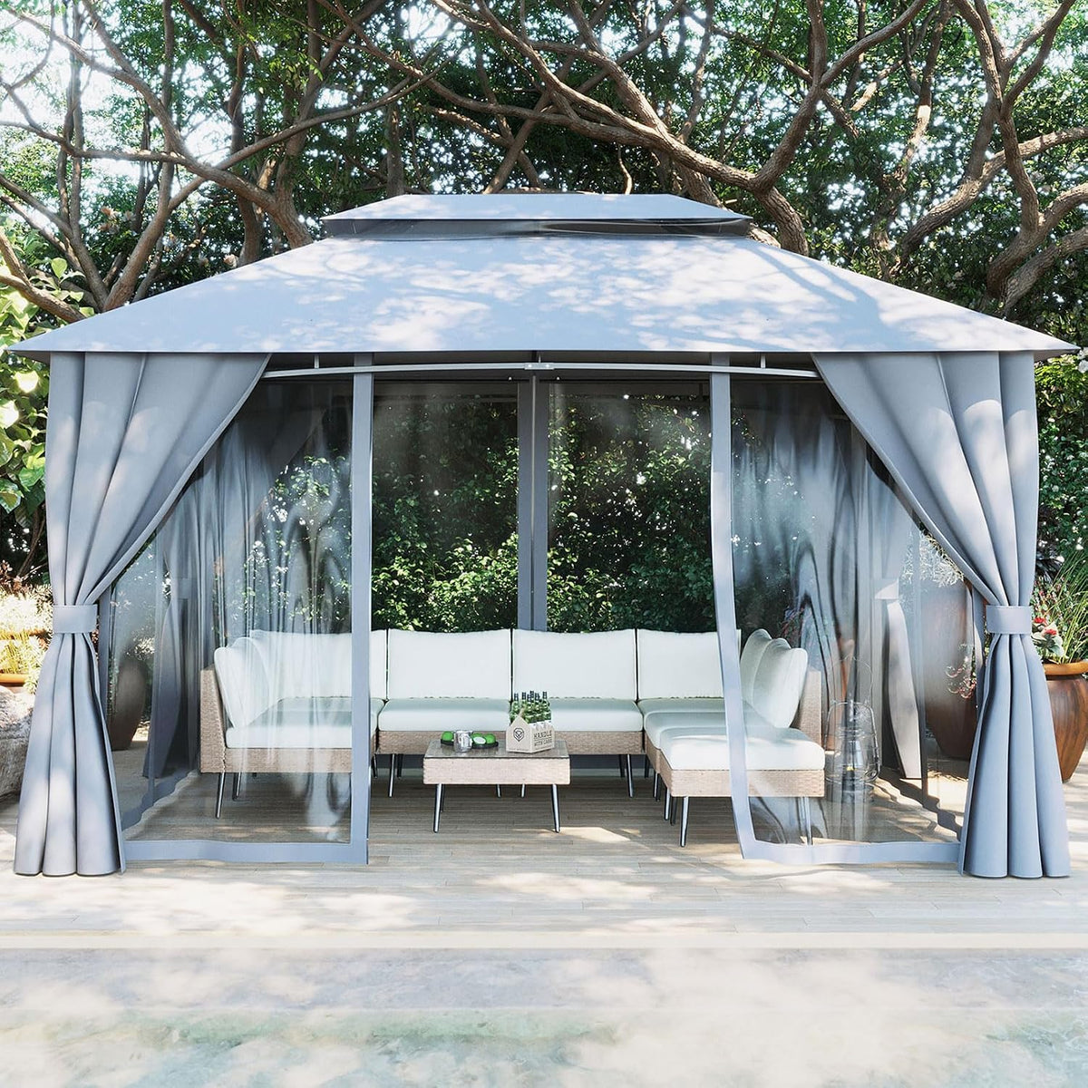 Gazebo 10x13(Canopy Size) with Mosquito Netting & Privacy Screens. Double Roof Design Outdoor Gazebo with Powder-Coated Metal Frame for Patio, Deck, Backyard, Garden & Lawns