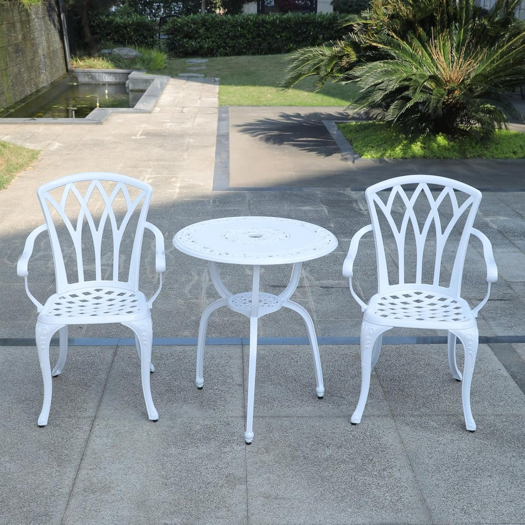 KAILI 3 Piece Bistro Table Set Cast Aluminum Outdoor Patio Furniture with Chair with armrests(White)