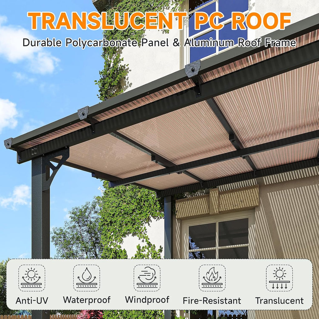10x10FT Lean to Gazebo, Hardtop Metal Pergola with Polycarbonate Roof, Large Wall Mounted Heavy Duty Awnings, Patio Canopy for Backyard, Deck, Porch