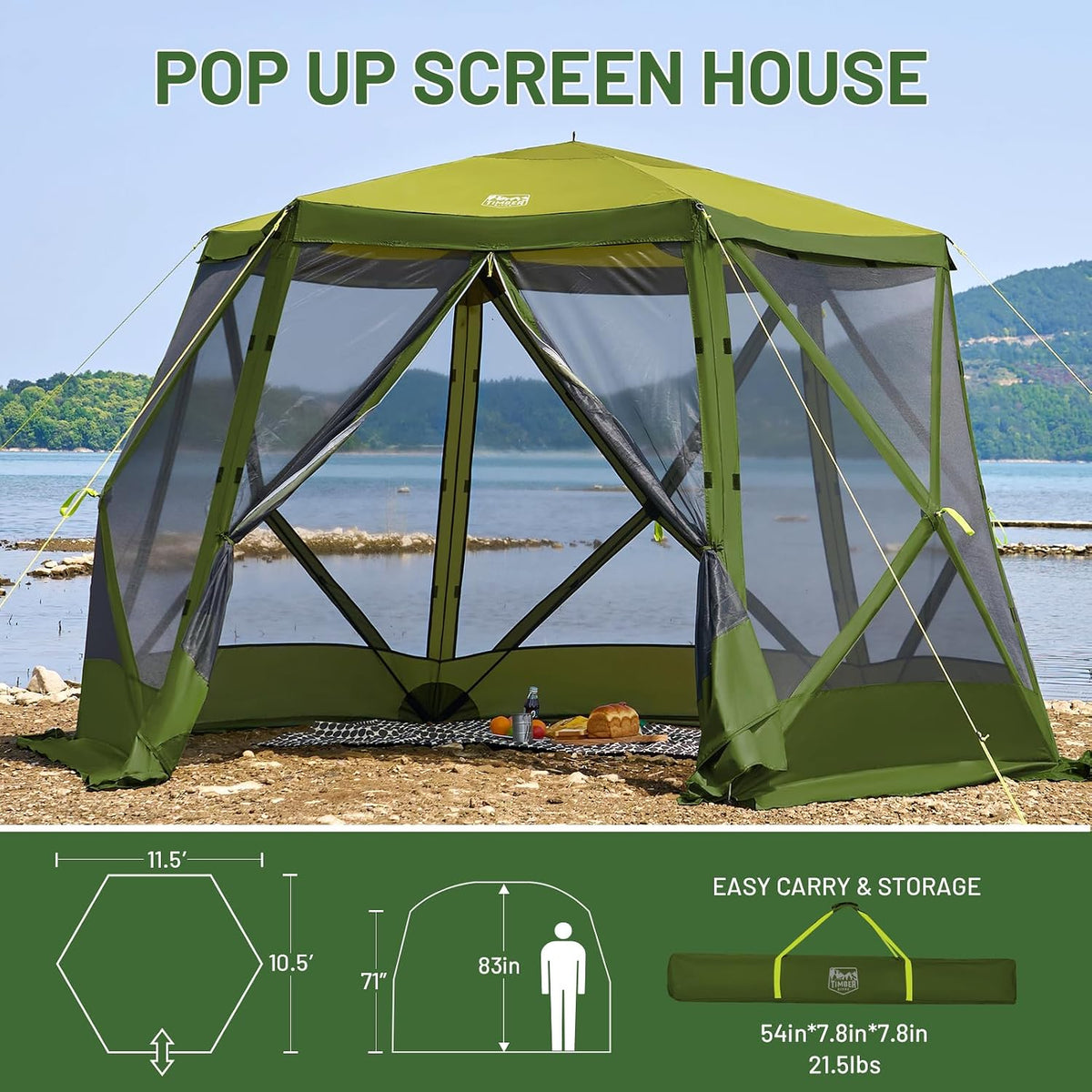 Timber Ridge Easy Pop Up Gazebo Canopy Tent for Camping, 11.5 X 9.8 Ft Portable Instant Screenhouse, Pop Up Screened in Canopy with Netting for Backyard, Patio, Outdoor, Tailgating, Picnics, Green