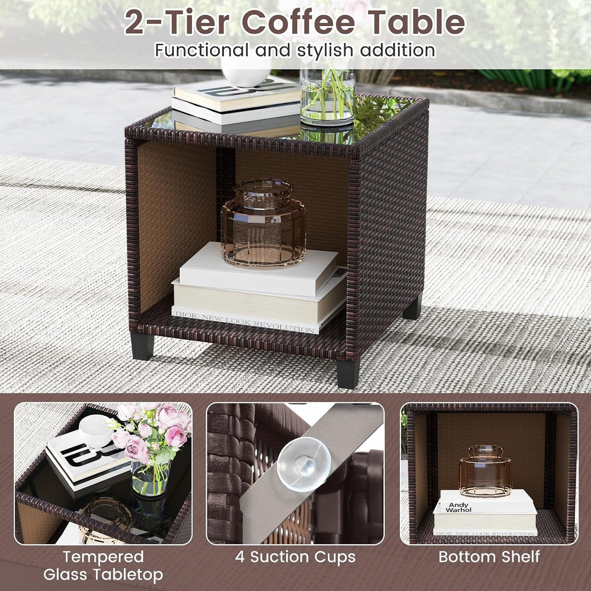 HAPPYGRILL 3 Pieces Patio Conversation Set, Outdoor Rattan Wicker Chairs & Coffee Table Set w/Cushions & Tempered Glass Tabletop, Porch Sofa Set for Backyard, Poolside