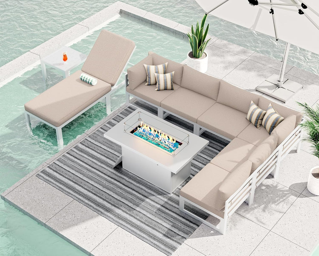 RADIATA 9 Piece Modern Aluminum Outdoor Patio Furniture Set with Lounger & Fire Pit Table, Extra Large All-Weather Modular Sectional Couch, 29' Wide Deep Seating Conversation Sofa for Poolside, Beige