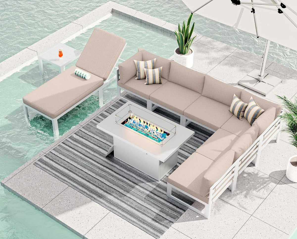 RADIATA 9 Piece Modern Aluminum Outdoor Patio Furniture Set with Lounger & Fire Pit Table, Extra Large All-Weather Modular Sectional Couch, 29' Wide Deep Seating Conversation Sofa for Poolside, Beige