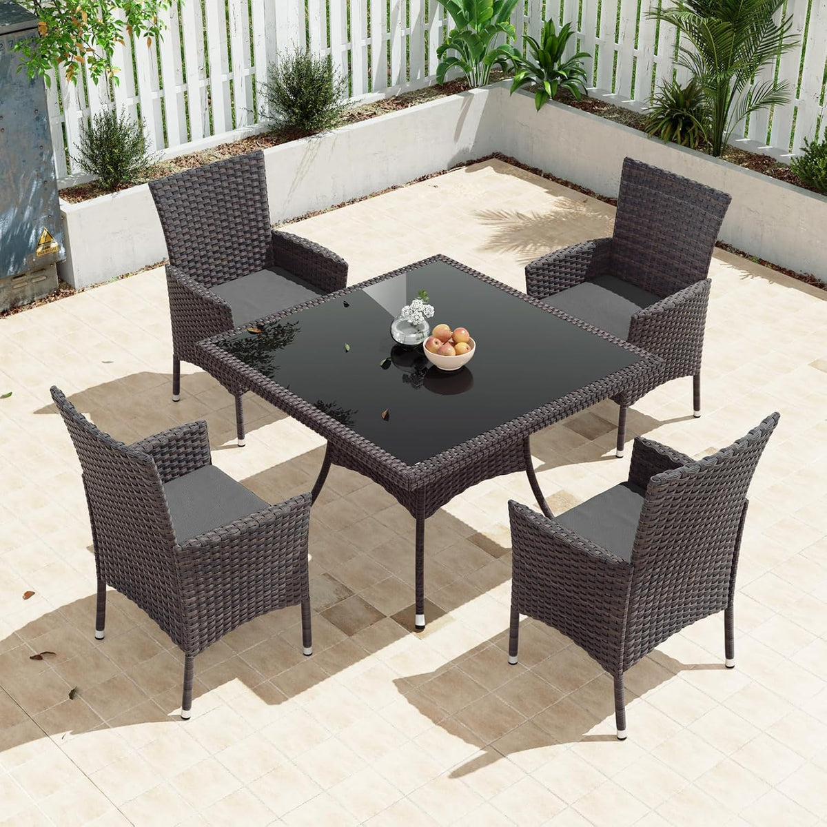 Gotland 5 Piece Outdoor Dining Set, All-Weather Rattan Patio Furniture Set with Umbrella Hole Tempered Glass Square Table, Outdoor Table and Chairs with Removable Cushions for Backyard, Deck, Grey
