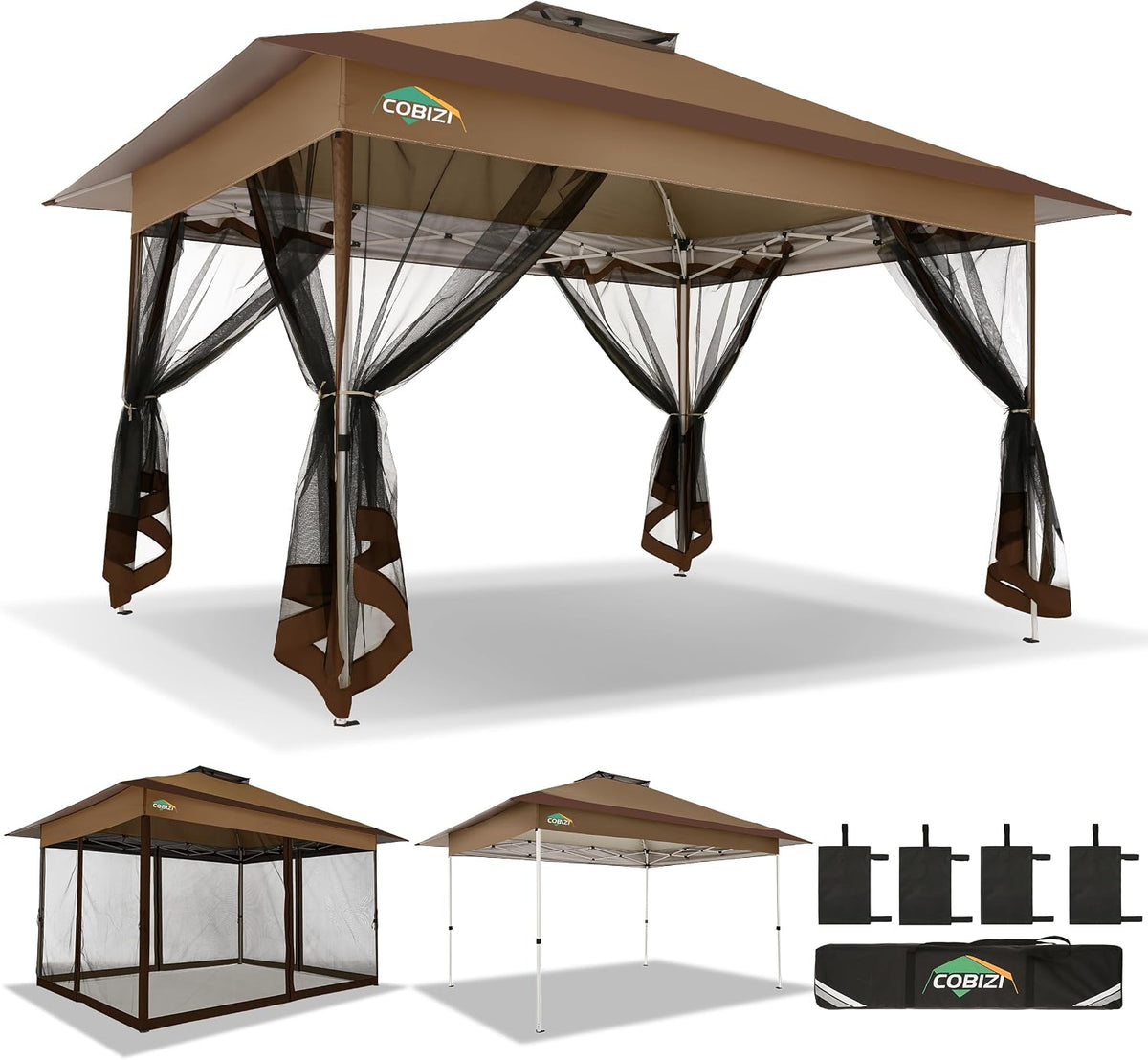 COBIZI 10x15 FT Pop up Gazebo on Clearance - Outdoor pop up Heavy Duty Canopy Tent,carpas para Patio,Screen Tents with Portable Carry Bag, Patio Gazebos for Camping, Garden, Deck, Backyard, Brown