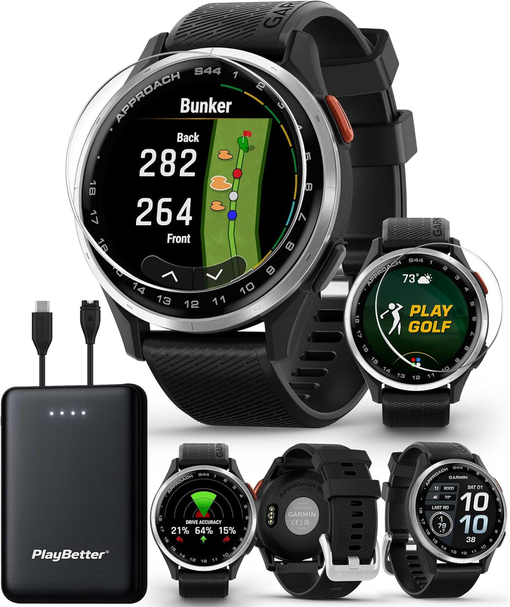 Garmin Approach S44 (Silver/Black) Golf GPS Smartwatch Bundle - 1.2' AMOLED Display, On-Course Features & 15H Battery Life with PlayBetter Screen Protectors & 5000mAh Portable Charger