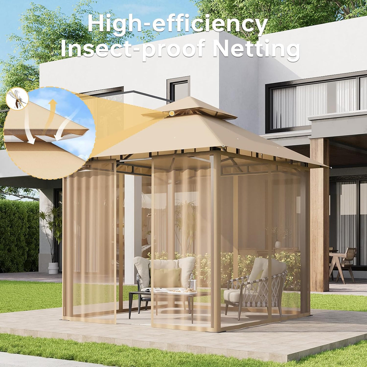 Aoxun 8x8 Gazebo with Double Roof & Mosquito Netting Outdoor Heavy-Duty Party Tent, Patio Tent with Zipper Screens - Backyard Garden Lawn Shelter Includes Wind Ropes Expansion Bolts, Beige