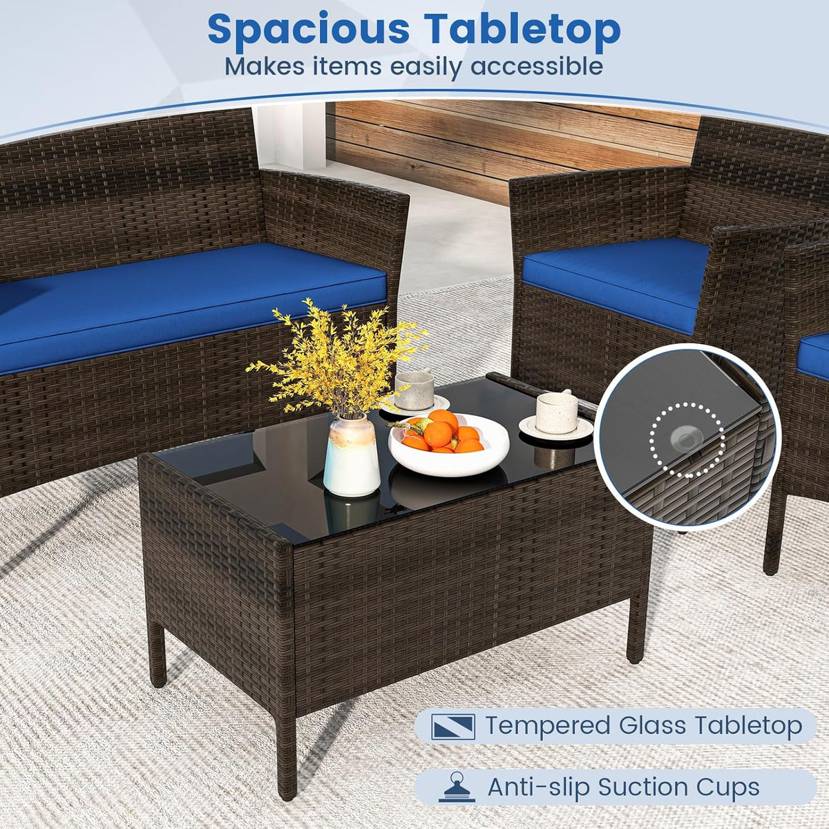ORALNER 4 Pieces Patio Furniture Set, Rattan Chairs Loveseat with Soft Cushion and Glass Table, Outdoor Wicker Conversation Set for Balcony Garden Backyard Porch Poolside (Navy)