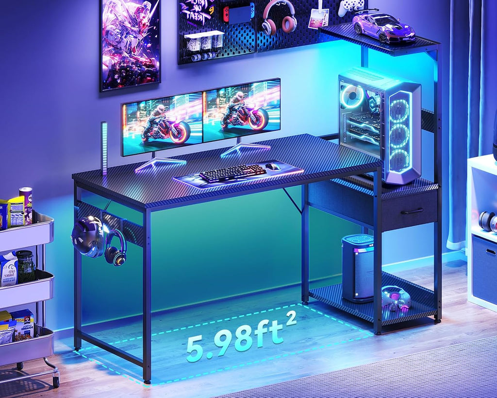 Casaottima 54 Inch Gaming Desk with Storage & LED Lights, Reversible Computer Desk with Display Shelves & Fabric Drawer, Modern Gamer Desk Table with Side Headphone Hook, Carbon Fiber Black