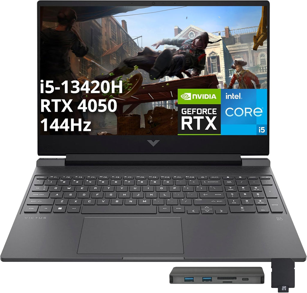 HP Victus 15.6' 144Hz FHD Gaming Laptop, Intel i5-13420H, 32GB RAM, 1TB PCIe SSD, NVIDIA GeForce RTX 4050, Backlit Keyboard, HD Camera, WiFi 6, Windows 11, Mica Silver, 1TB Docking Station Set