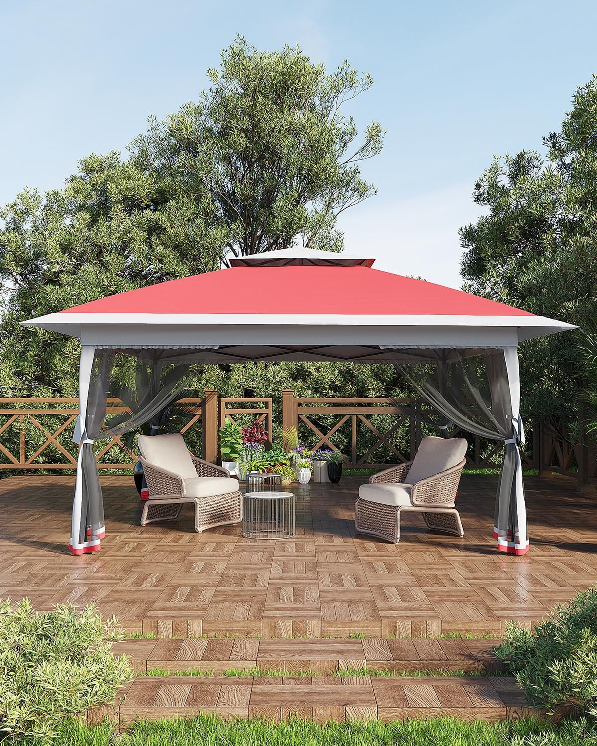 Canopy Tent 13x13 ft, Pop Up Gazebo One-Push Setup with 4 SandBags for Backyard Parties and BBQs, Mosquito Netting & Height Adjustable - Red