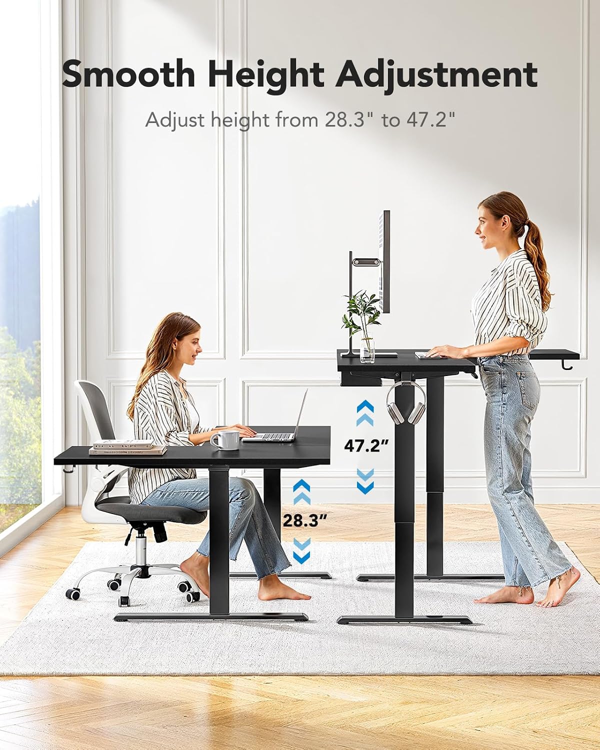 HUANUO Dual Motor L-Shaped Standing Gaming Desk, 71 x 48 inch Corner Standing Desk, Electric Adjustable Gamer Computer Table with Cable Tray & 3 Preset Heights, Raising Table for Home Office, Black