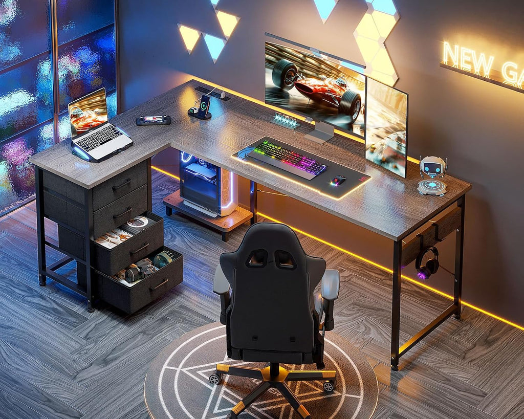 AODK L Shaped Gaming Desk with 4 Drawers, 61' Reversible Home Office Desks with Power Outlets, L Shaped Computer Desk with USB Charging Port and Host Stand, Corner Desk, Easy to Assemble, Grey