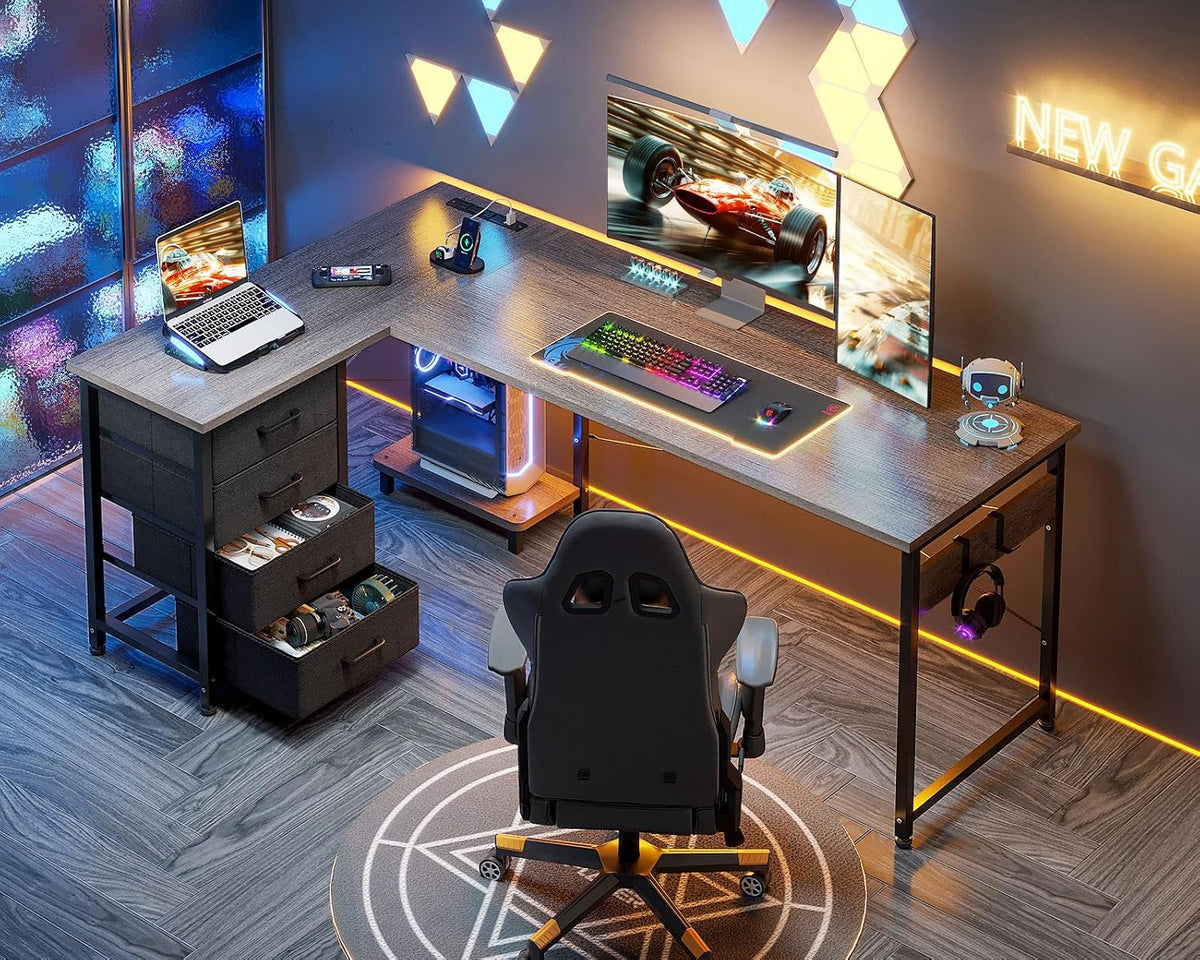 AODK L Shaped Gaming Desk with 4 Drawers, 61' Reversible Home Office Desks with Power Outlets, L Shaped Computer Desk with USB Charging Port and Host Stand, Corner Desk, Easy to Assemble, Grey