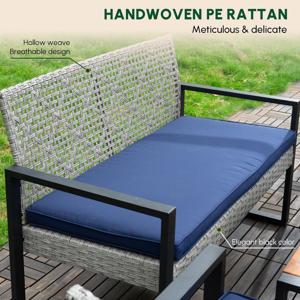 BEEFURNI Wicker Patio Furniture Outdoor Conversation Set of 4, Rattan Outdoor Furniture Set, Acacia Wood Table, 2 Chairs, 1 Loveseat, 2' Cushions, All Weather Set for Patio, Porch, Balcony (Gray)