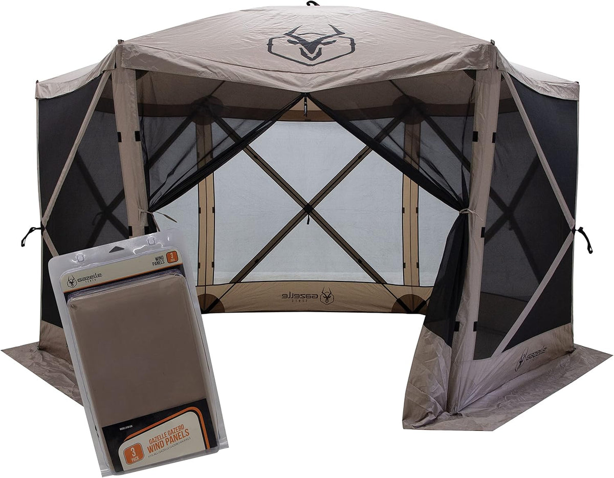 Gazelle Tents™ G6 6-Sided Portable Gazebo with TriTech Mesh, Easy Pop-Up Hub Screen Tent, Waterproof, UV Resistant, 8-Person & Table, Desert Sand, 86' x 124' x 124', GK914, Includes 3 Wind Panels