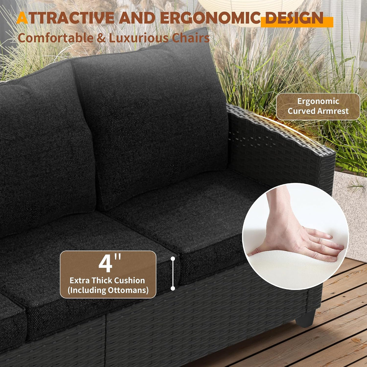 UDPATIO Patio Furniture Set with 44' Fire Pit Table, 8 Pieces Outdoor Sectional Conversation Sets, All-Weather Wicker Rattan Sofa Ottoman with 4' Thick Cushion for Garden Backyard Deck, Black