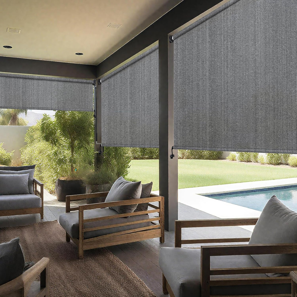 Artpuch Outdoor Roller Shades with Splicing Design, 10' W x 8' H Exterior Cordless Patio Shades Roll Up Blinds for Porch, Gazebo, Pergola, Balcony, Grey