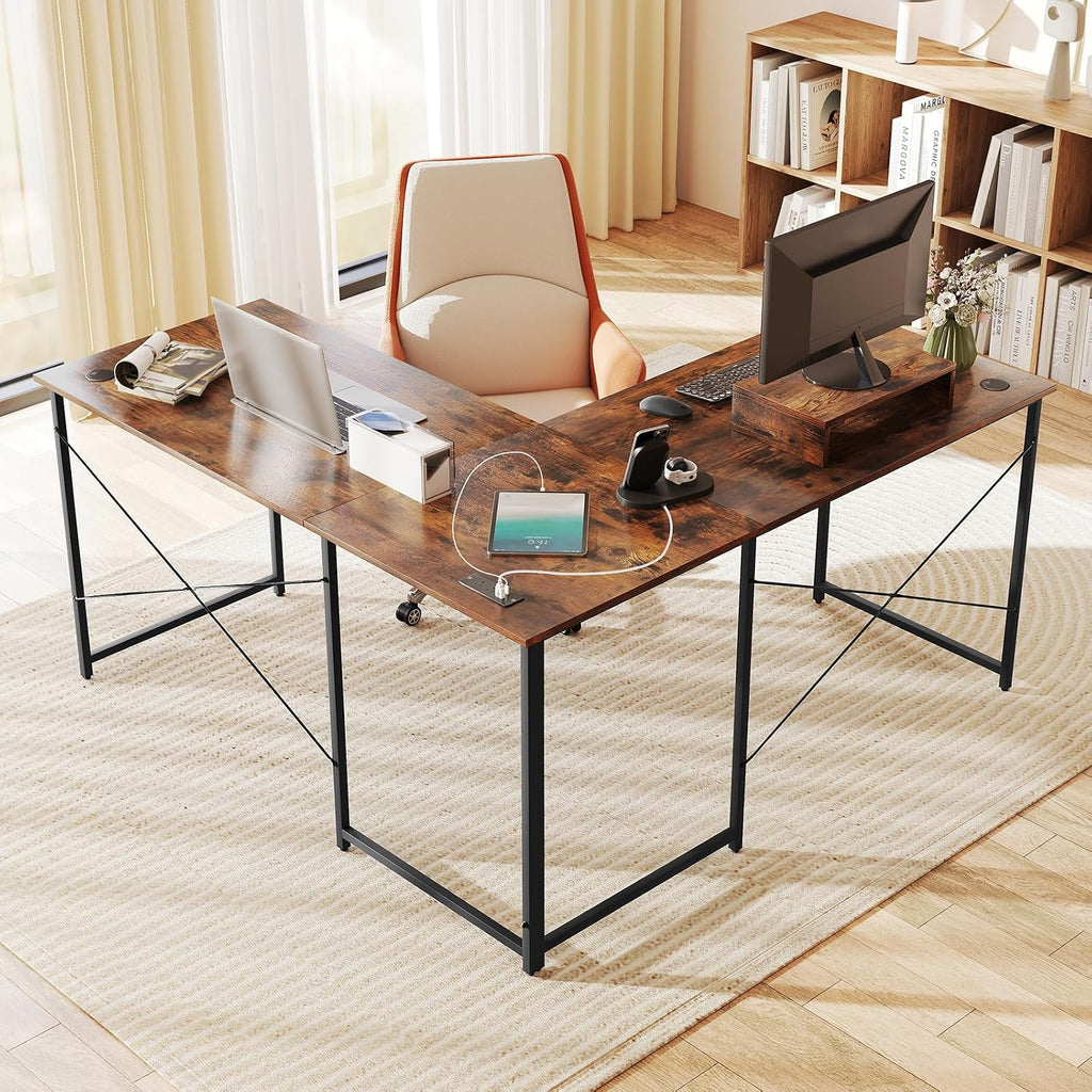 Tangkula L-Shaped Computer Desk with Power Outlets, 95' Long 2-Person Desk with Monitor Shelf, Modern Corner Desk Gaming Table with USB Ports for Home Office