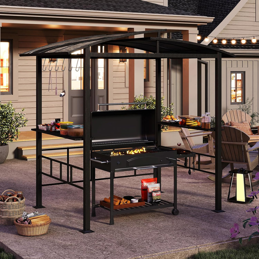 Tangkula 8x5 FT Hardtop Grill Gazebo, Outdoor Double-Tiered Barbecue Canopy with Vented Polycarbonate Roof, 2 Side Shelves, 6 Hooks, Outdoor Grill Shelter for Patio Garden Lawn Deck (Black)