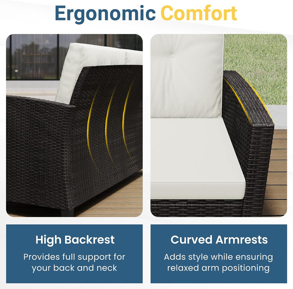 Green4ever Patio Conversation Sets, Wicker Outdoor Patio Furniture Set, 4 Pieces All Weather Rattan Patio Sofa with Wood Coffee Table and Thick Cushions, Beige