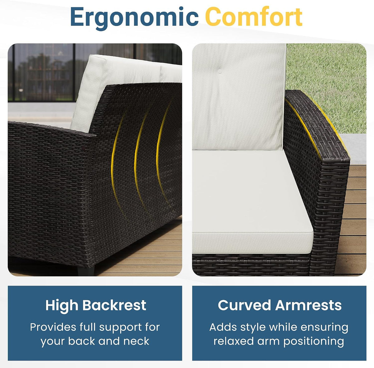 Green4ever Patio Conversation Sets, Wicker Outdoor Patio Furniture Set, 4 Pieces All Weather Rattan Patio Sofa with Wood Coffee Table and Thick Cushions, Beige