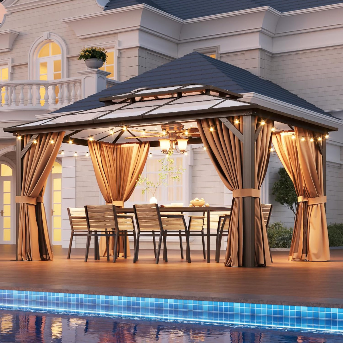 Aoxun 10'x14' Hardtop Gazebo, Outdoor Metal Gazebo with Double Polycarbonate Roof Canopy, Permanent Pavilion with Netting and Curtains for Lawn, Garden, Patio (Khaki)