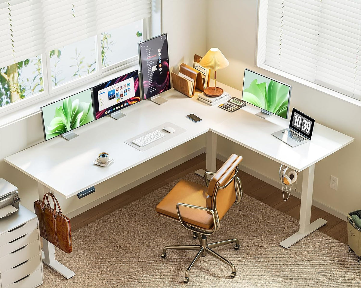 Casaottima 71 Inch Reversible Electric L Shaped Standing Desk, Height Adjustable Corner Stand up Desk, Ergonomic Large Lift Table for Home, Office, Workstation, Reception Room, White