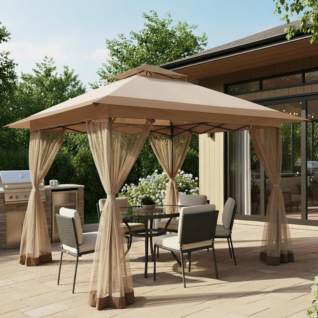 Bezseller 13x13 Pop Up Gazebo with Mosquito Netting – Easy 1-Person Setup, Water-Resistant Backyard Canopy for Family Patio & Garden Use,Khaki