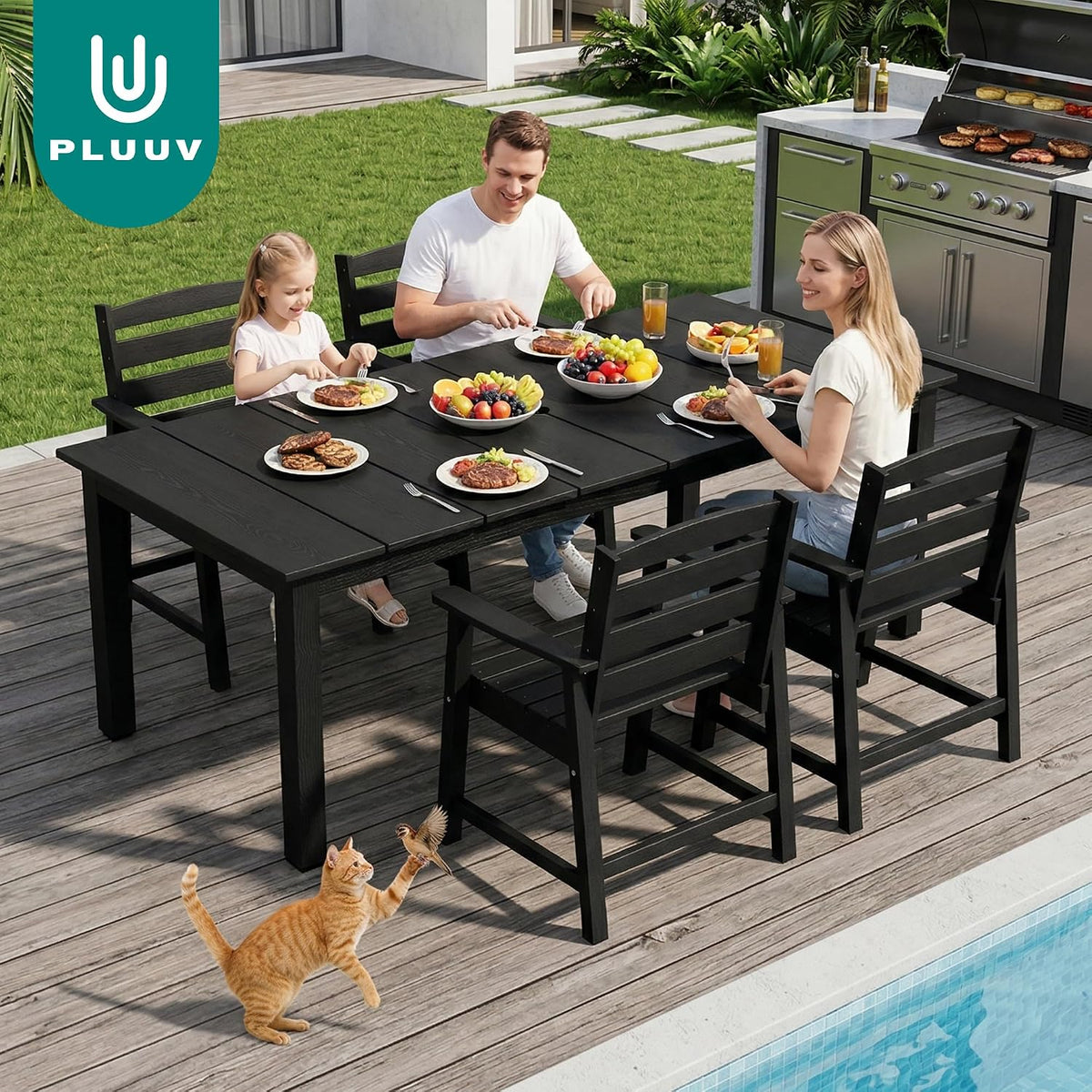 PLUUV Outdoor Dining Table with Aluminum Legs, All-Weather HDPE Rectangular Outdoor Dining Tables with 2' Umbrella Hole, Heavy-Duty Weatherproof Patio Dining Table for Backyard Deck, Black