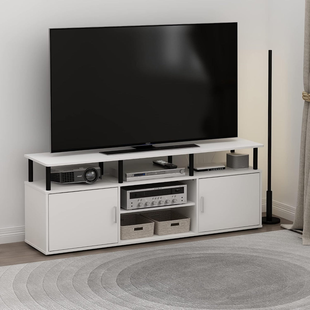 Furinno Jensen Entertainment Center Stand for TV up to 70 Inch, Plastic Pole, Solid White/Black