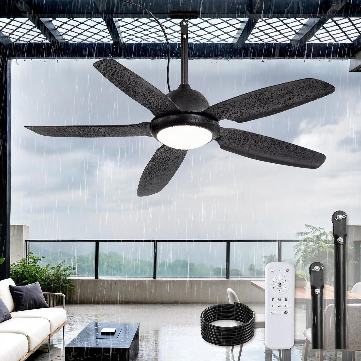 Fanbulous 52 Inch Waterproof Outdoor Ceiling Fan with Lights and Remote,IP65 Hanging Gazebo Fan with 3CCT 6-Speed DC Motor,Black Wet Rated Plug in Ceiling Fan with Cord for Patios Porch Pergola